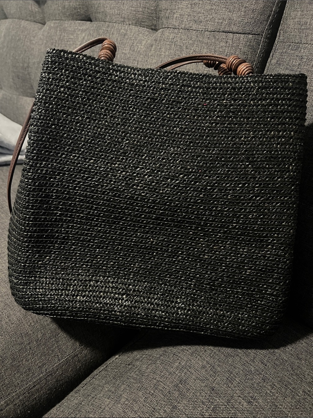 Woven Black Straw Tote with Wood-Accent Handles